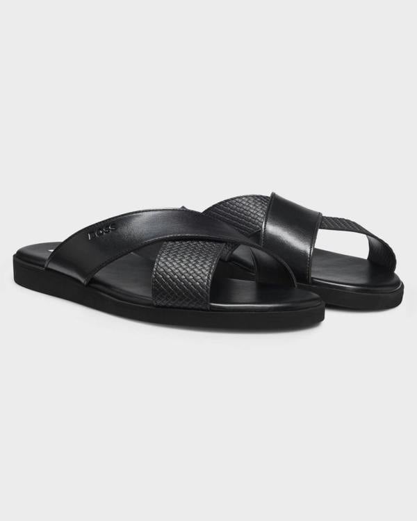 BOSS Orange Darrel Mens Faux-Leather Slides with Plain and Patterned Straps  - Black 001