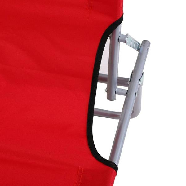 Close-up of red lounge chair fabric with steel folding frame and hinge bracket