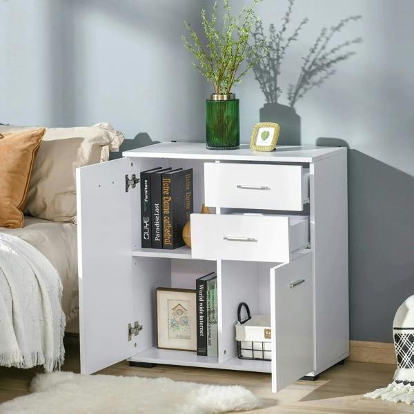 White sideboard cabinet with open compartments, adjustable shelf, and bar drawer handles