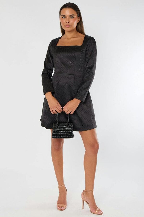 Long Sleeve Black Sequin Mini Dress with Pockets