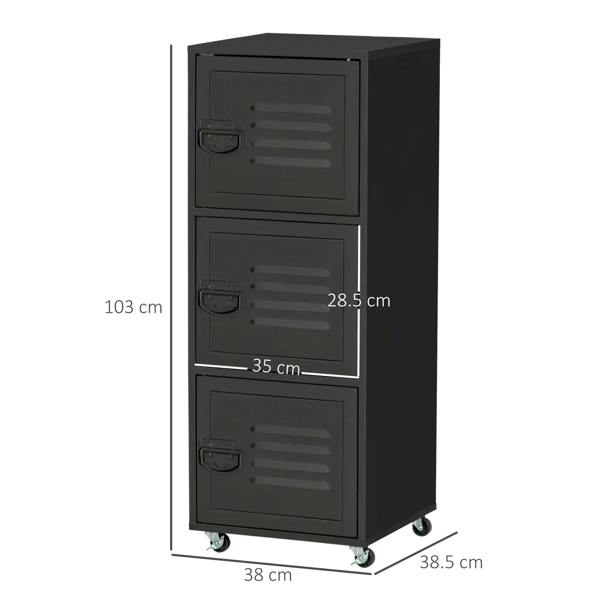 Black 3-tier mobile file cabinet with louvered doors and front size dimensions.