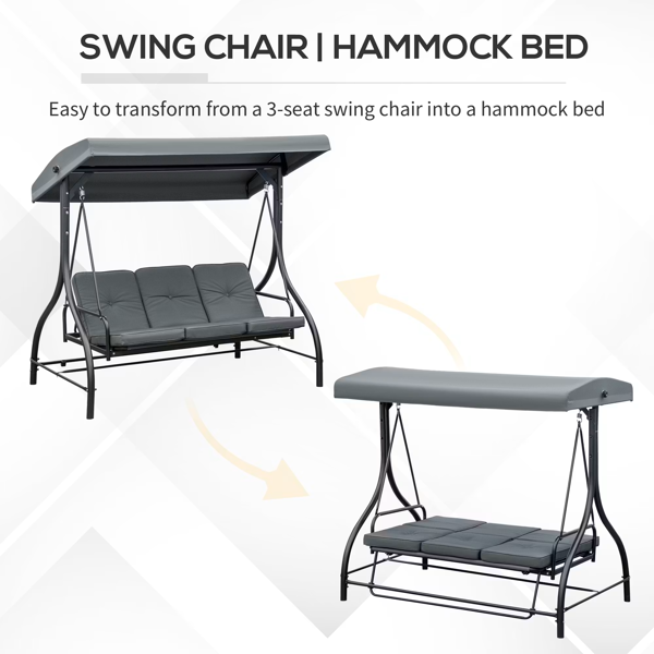 Outsunny 3 Seater Canopy Swing Chair Porch Hammock Bed Rocking Bench - Dark Grey