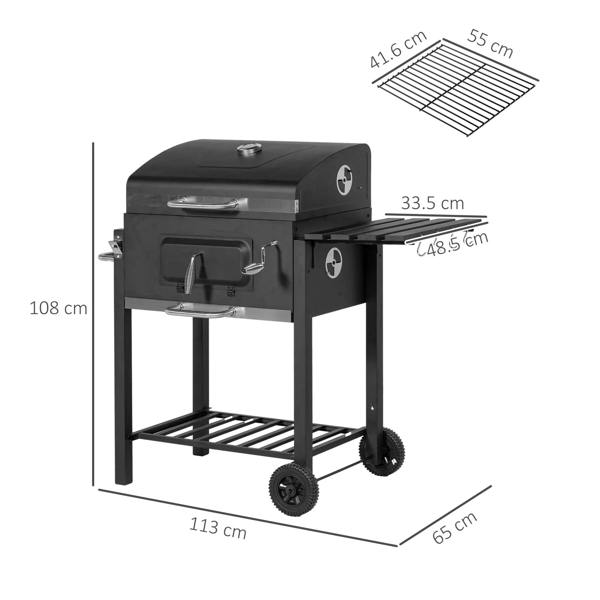 Black charcoal grill with front access door; dimensions diagram