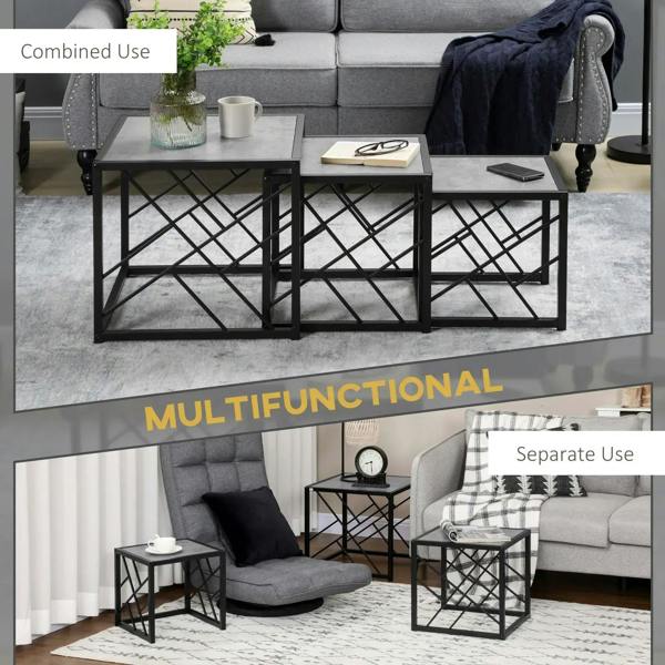 Set of nesting square side tables with black metal frames and grey tabletops