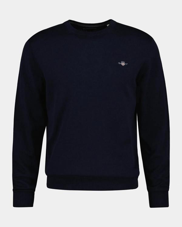 GANT Mens Classic Cotton Shield Logo Crew Neck Jumper - 433 Evening Blue | CHO | Designer Mens Crew Neck Jumpers