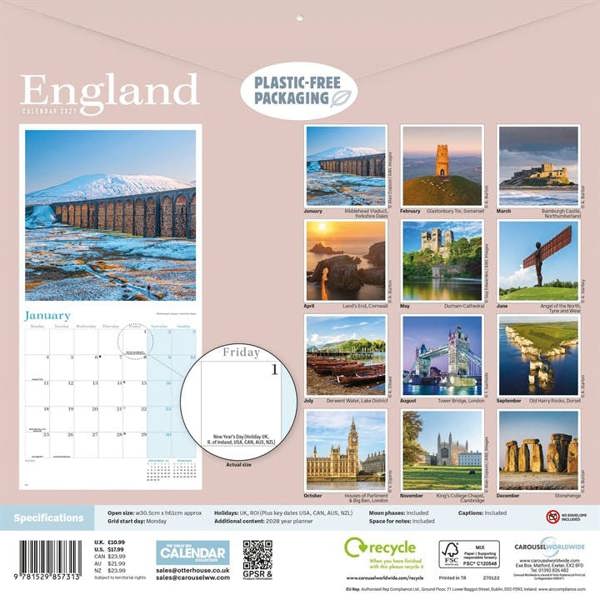 England Calendar 2027, Wall Calendars, Month To View, Travel, Gift