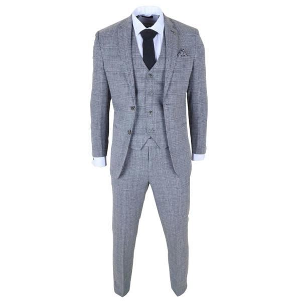 Infinity Leather Men's 3-Piece Grey Classic Check Suit Slim Fit Plaid Formal Party Suit