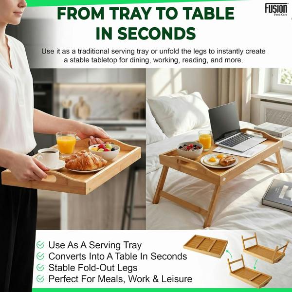 Fusion Food Care Bamboo Bed Tray Table with Foldable Legs And Handles Breakfast Tray for Sofa Bed Platters Lap Tray