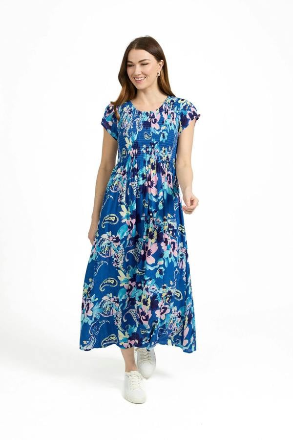 Mudflower Paisley Print Shirred Bodice Dress