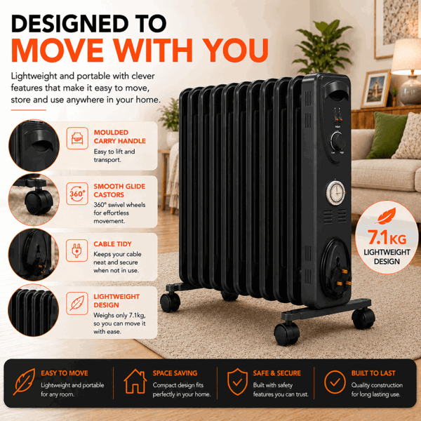 MYLEK Oil Filled Radiator 2500w Portable Heater Thermostat 24 Hour Timer Grey