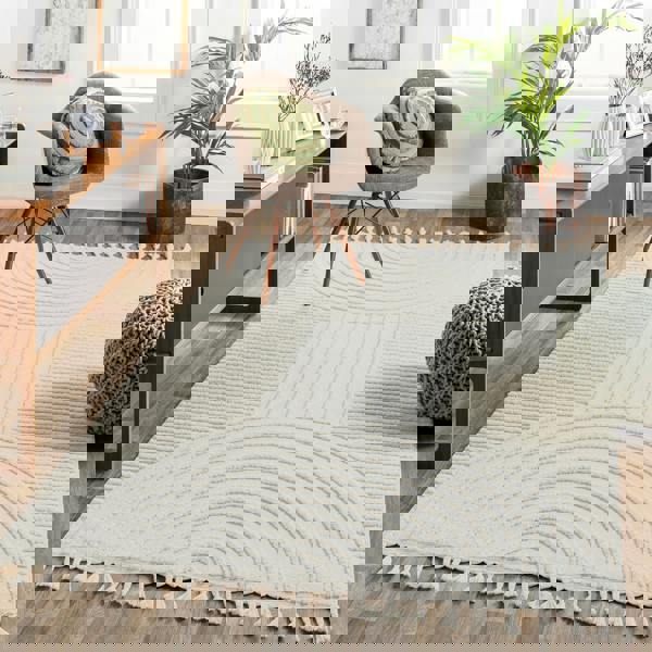 Livabliss Nora-Geometric Grey Ivory High Pile Fringe Rug