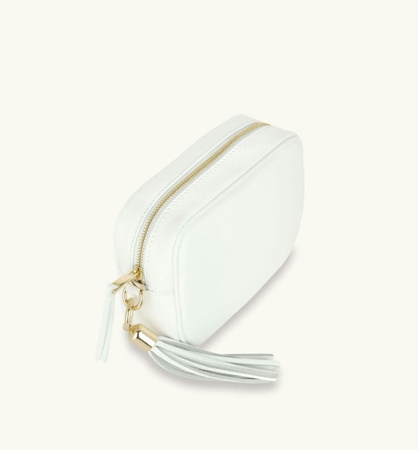 Apatchy London The Tassel White Leather Crossbody Bag With Gold Chain Strap