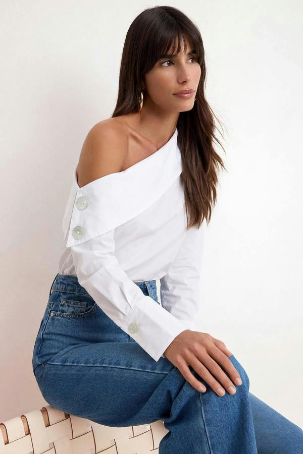 WOVCOR Asymmetric Neck Long Sleeve Woven Blouse