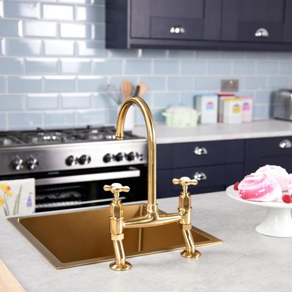 Flode Larvik | Kitchen Crosshead Bridge Mixer Tap | Polished Brass Finish