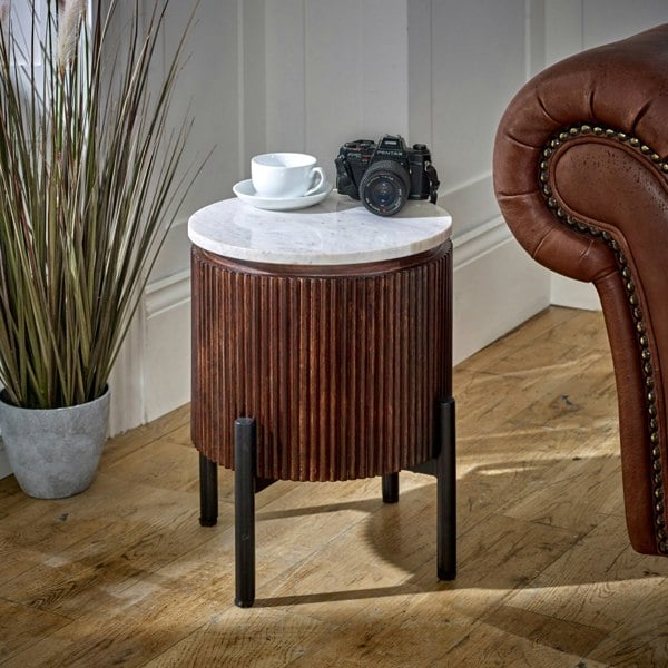 IH Design Miel Mango Wood Side Table With Marble Top & Metal Legs