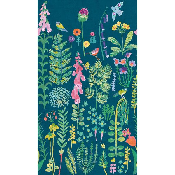 Grandeco Spring Meadow Flower Painted Sprig 3 panel repeatable wallpaper Mural, 1.59 x 2.8m, Dark Teal
