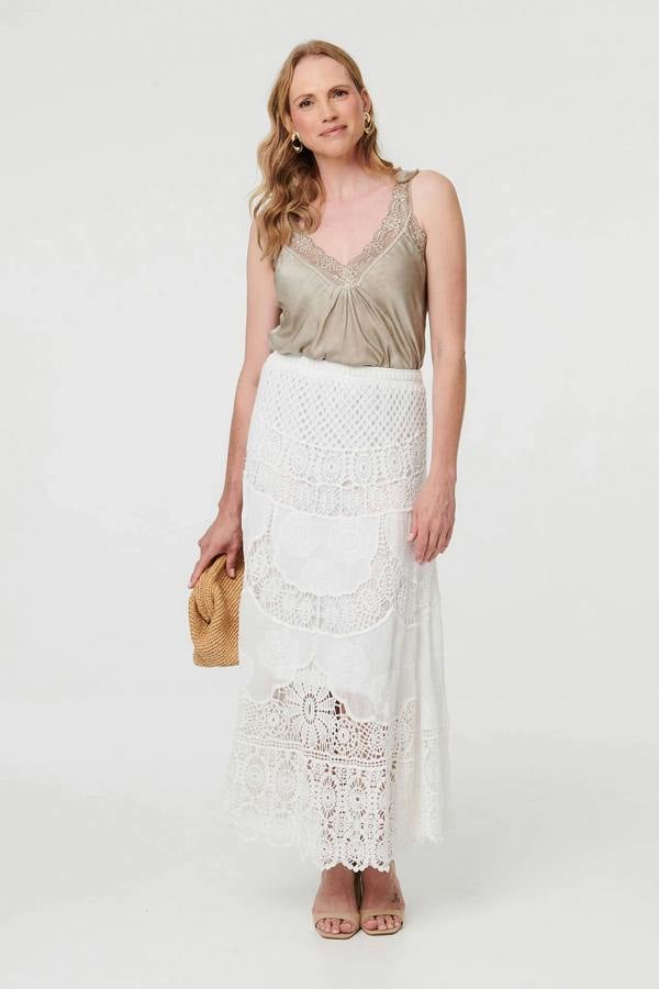 White | Crochet Textured High Waist Maxi Skirt