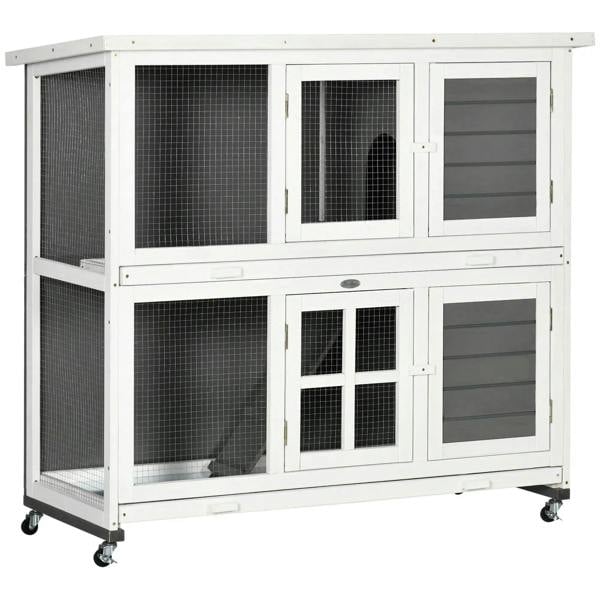 Two-tier wooden rabbit hutch with wire panels, grey doors, and four caster wheels