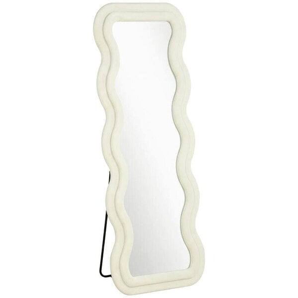 Full Length Mirror, 160 x 60 cm Wavy Full Body Wall Standing Mirror with Velvet Frame and Tempered Glass, Cream White