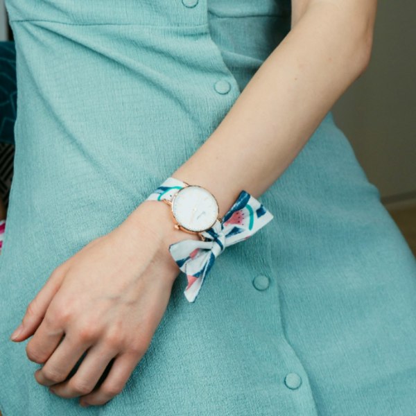 The Colourful Aura Blue Watermelon Print Cotton Tie Knot Strap Geneva Boho Wristwatch - Pink/Blue