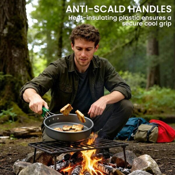 Camping Cookware Set for 4-5 People, Lightweight Aluminium Camping Cooking Kit with Anti-Scald Handles, Grey