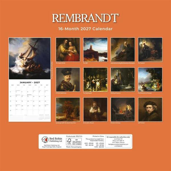 Rembrandt Calendar 2027, Wall Calendars, Month To View, Art, Gift