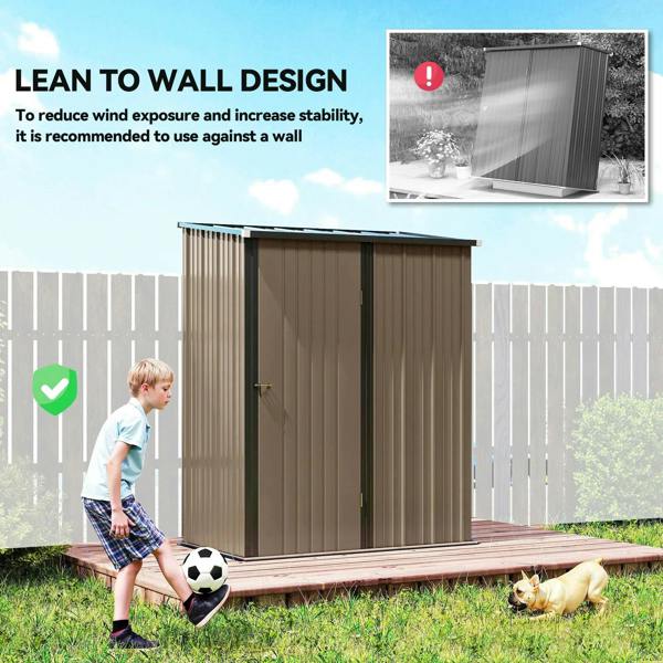 Brown corrugated steel garden shed with door and lean-to wall design