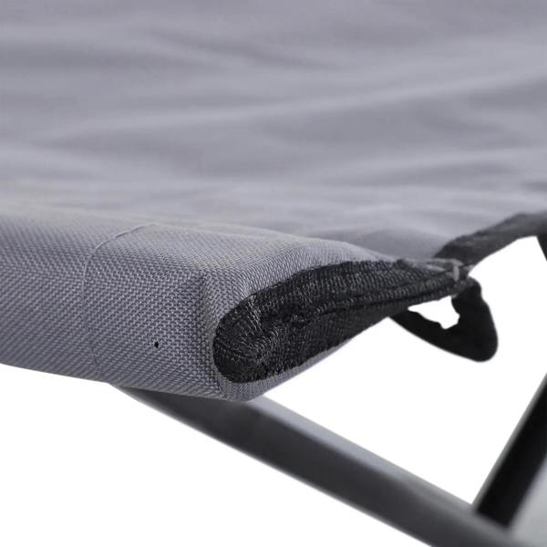 Grey cot fabric with black tie strap and black steel support bar