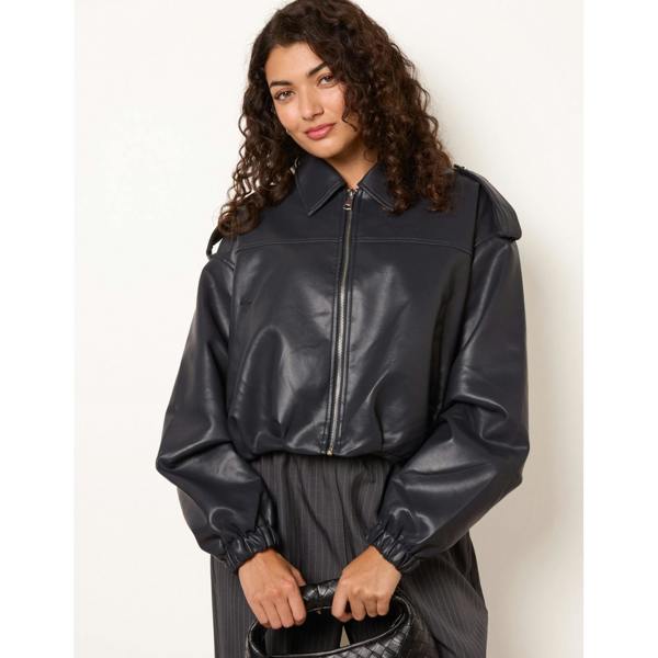 Blue Vanilla Puffball Zip Front PU Leather Jacket