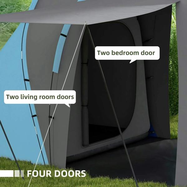 Tunnel camping tent entrance with large multi-door openings, blue and gray