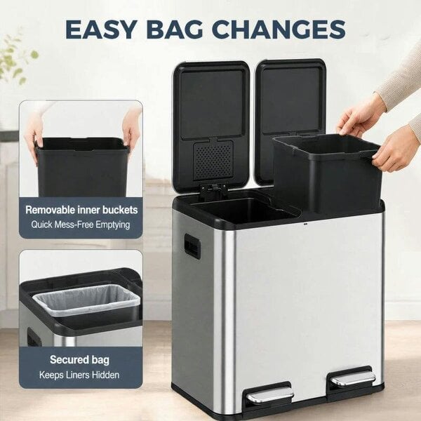 2 x 20L Double Kitchen Bin, Stainless Steel Pedal Rubbish Bin with Dual Compartments, Soft Close Lids, Silver Tone
