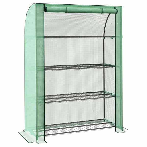 Green mini greenhouse with roll-up door, reinforced PE cover, and four wire shelves