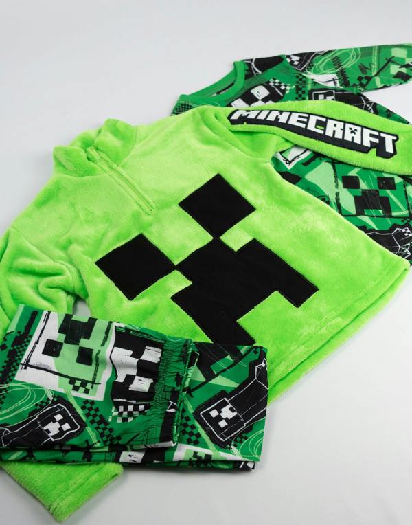 Vanilla Underground Minecraft Boys Green Creeper Long Sleeve Long Leg Pyjama and Jumper 3 Piece Set