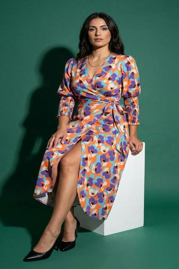 Haniya Wrap Front Printed Midi Dress - Orange
