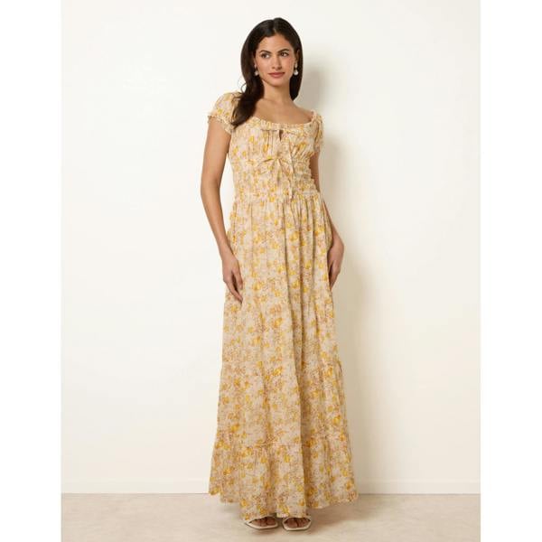 Blue Vanilla Double Front Tie Shirred Ditsy Floral Maxi Dress