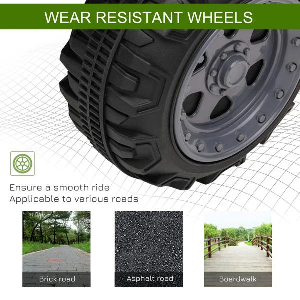 Close-up of green quad bike tire with deep tread and gray wheel for smooth off-road rides