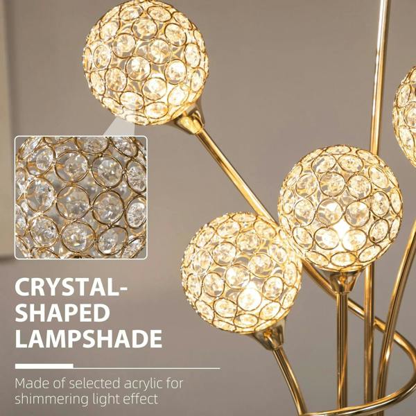 Crystal-shaped lamp shade with gold-toned frame and faceted circular pattern