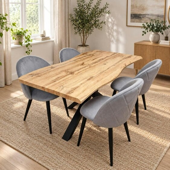 Kosy Koala Rustic Wood-Effect Wavy X Shaped Legs Dining Table Set with 4 Grey Velvet Chairs
