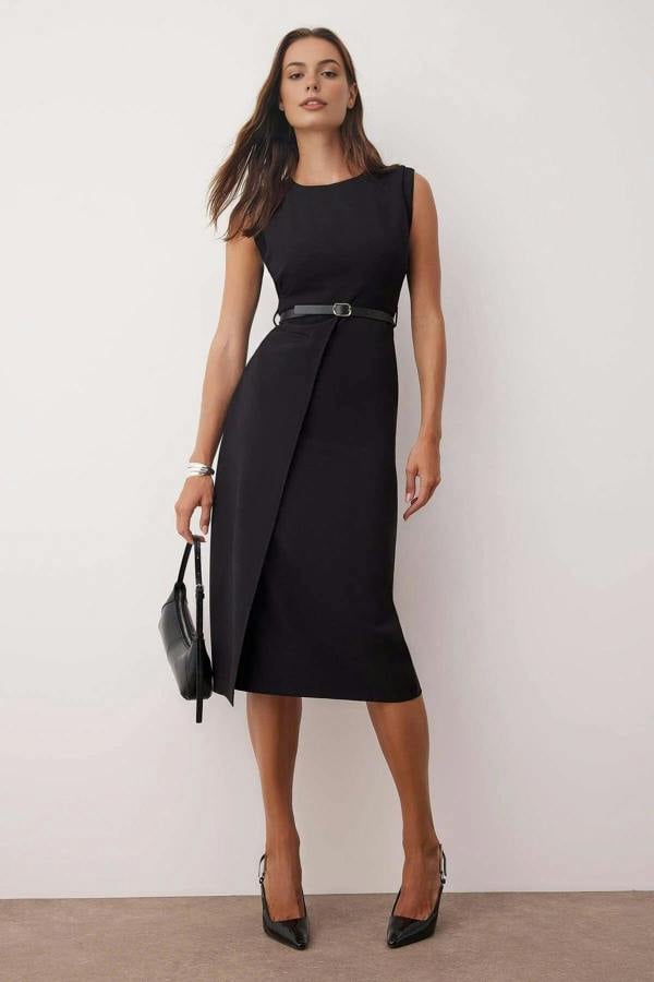 WOVCOR Belt Detailed Woven Midi Dress