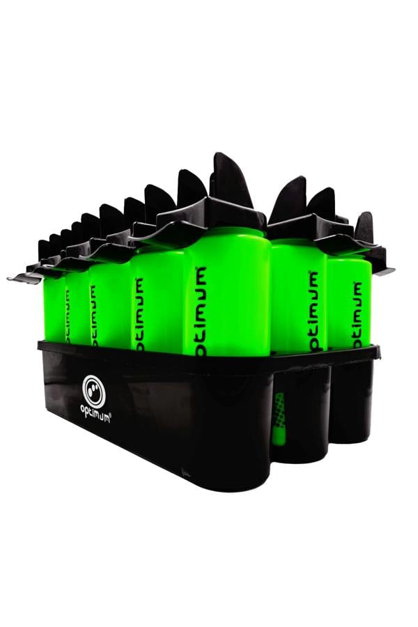 Angled view of black Optimum carrier full of green water bottles, logo on side - Optimum