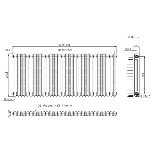 Monstershop Traditional 2 Column Radiator - 600 x 1460mm - Raw Metal