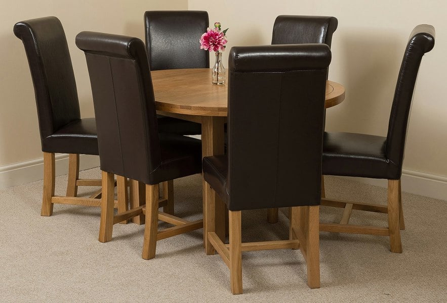 That's Furniture Edmonton Round Extendable Oak Dining Set with Washington Leather Chairs