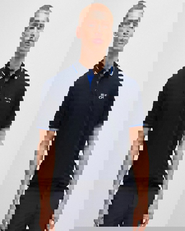 BOSS Green Paddy Pro Mens Cotton Blend Polo Shirt With Contrast Logos NOS - Dark Blue 402