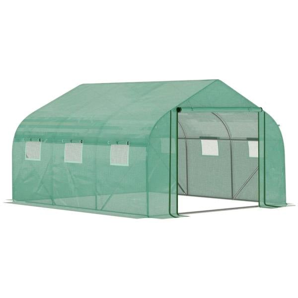 Green walk-in garden greenhouse with mesh panels and PE cover, front door open