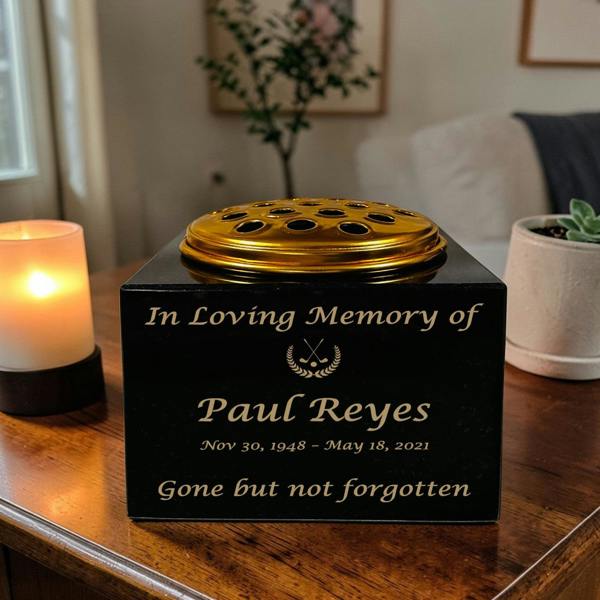 Memorials Direct Granite Memorial Vase with Golf Design, Free Personalised Gold Engraving, Solid Granite 6 x 6 x 4 Inches