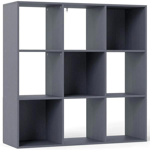 Grey nine-cube storage shelf with open square compartments