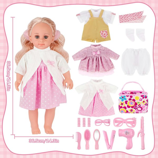 deAO Toys 15 PCS Baby Doll Set 14 inch Baby Doll with 3 Doll Clothes with Portable Accessory