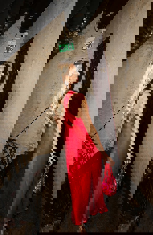 Rewritten London Paris Midi Dress in Red Satin