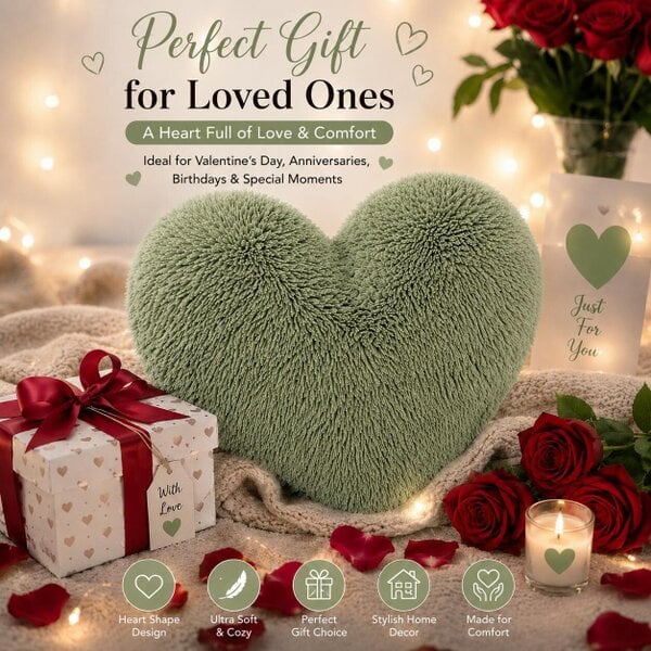 Night Zone Teddy Cuddles Heart Shape Cushion – Soft Teddy Fleece Filled Decorative Cushion - Sage Green