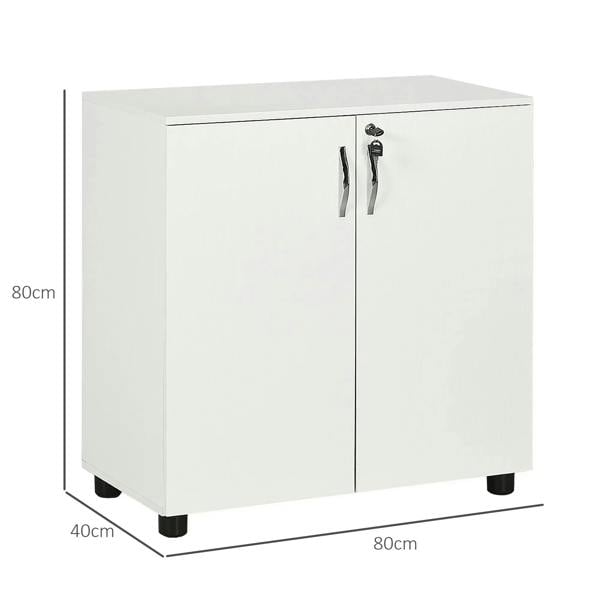 White two-tier locking office storage cabinet with two front doors, legs, and handles